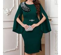 Abito elegante da festa con paillettes e decorazioni in strass, vestito con maniche a mantella, di taglia comoda 0XL,1XL,2XL,3XL,4XLBlocchi di colore,Grafico,Colore unico,stampa dappertuttoTessuto in