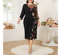Abito elegante da festa in nero con bordi in pizzo per donne curvy e taglie forti, abiti eleganti classici con avvolgimento per signore, abito formale da donna con ricamo floreale, abiti estivi da don