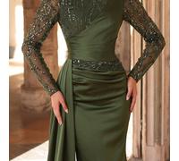 Abito elegante da madre della sposa con maniche a gigot, design plissettato, patchwork di paillettes e nastro, per matrimonio L,M,XL,XXLPianteTessuto in maglia