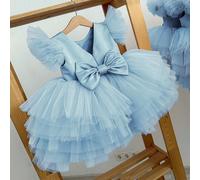 Abito elegante da principessa per bambine con fiocco e maniche a volant in tulle azzurro chiaro, abito per bambine, adatto come regalo per il primo compleanno, feste, banchetti serali, occasioni impor