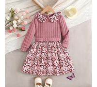 Abito elegante da ragazza in maglia jacquard con rose, patchwork, stampa floreale digitale e colletto con volant, autunnale 6Y,7Y,4Y,5YPiantePoliestere