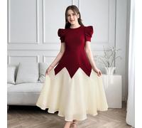 Abito elegante da sera a-line per ragazze adolescenti, con maniche a gigot in organza bianca e patchwork bordeaux 14Y,12Y,13Y,16Y,15YBlocchi di colorePoliestere