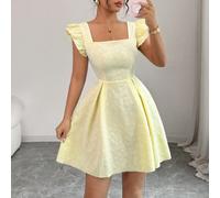 Abito elegante da ufficio di alta gamma, stile Y2K, con motivo floreale, colletto quadrato alla francese, maniche corte, vita stretta, linea ad A, mini, colore crema giallo, per la stagione estiva L,M