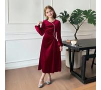 Abito elegante di media lunghezza per ragazze pre-adolescenti, con scollo a V, maniche a lanterna e perline, plissettato, in tinta unita bordeaux, adatto per la cerimonia di diploma 8Y,9Y,10Y,11Y,12YC