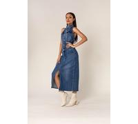Abito elegante donna stile jeans con collo a fascia midi senza maniche