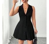 Abito elegante e alla moda da donna con collo a revers, senza maniche e orlo plissettato Piccola 4XL,Piccola 3XL,Piccola 2XL,Piccola 1XL,Piccola 0XLColore unicoTessuto intrecciato