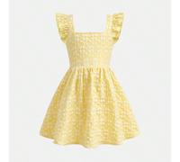 Abito elegante e alla moda per ragazze, con vita aderente, gonna a ruota e dettaglio fiocco sulla schiena, in tessuto jacquard con motivo floreale, colore giallo, adatto per la primavera/estate 6Y,7Y,