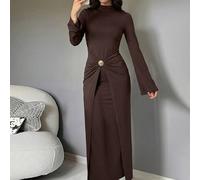 Abito elegante e casual da donna, adatto per la città e gli spostamenti, con collo alto, maniche a sbuffo, vita segnata, fibbia in vita e design arricciato. Adatto per vacanze, feste, viaggi, ufficio.