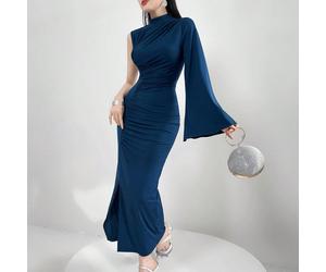 Abito elegante e chic per primavera/estate, con colletto alla coreana, maniche a zampa di elefante, orlo plissettato a forma di coda di pesce. Abito elegante da sera lungo per occasioni eleganti L,M,S