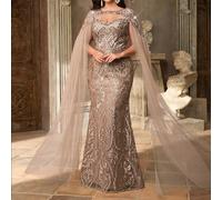 Abito elegante e di lusso con colletto asimmetrico, ricamato e decorato con perline, maniche a campana, silhouette a sirena, colore caffè, adatto per serate, appuntamenti, balli, vacanze, matrimoni, o