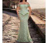 Abito elegante e di lusso con design a bolle in pizzo elastico, scollo a spalle scoperte, stile sirena con arricciature, maniche staccabili, adatto per matrimoni, feste, balli, banchetti (ricamo pesan