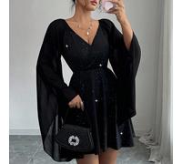 Abito elegante e di lusso da donna, nero, con stampa glitterata su tutta la superficie, maniche a sbuffo, vita segnata, linea ad A, adatto per raduni, feste, abiti da sera di lusso, autunno/inverno L,