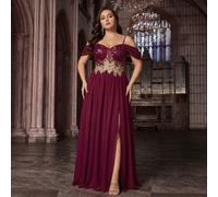Abito elegante e dignitoso da cerimonia in chiffon con applicazioni, patchwork di paillettes, abito da cocktail da sera per donna curvy, tinta unita, senza maniche, con spacco, lungo, adatto per matri