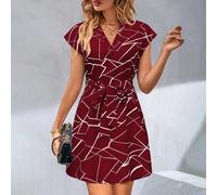Abito elegante e grazioso da donna con scollo a V, maniche corte, stampa di testo su tutto il vestito, vita con laccio, colore bordeaux L,M,S,XLBlocchi di colore,Geometrico,Tribale,stampa dappertuttoT