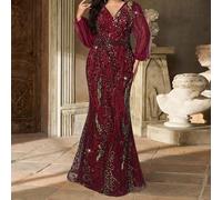 Abito elegante e lussuoso con scollo a V, ricamato con paillettes, maniche a lanterna, vestibilità aderente e orlo a sirena, adatto per serate, appuntamenti, balli, matrimoni, lauree, vacanze, San Val