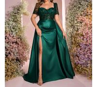 Abito elegante e lussuoso da donna taglie forti, verde scuro, con paillettes, scollo a cuore, maniche corte trasparenti, aderente con spacco alto sulla coscia, adatto per feste serali, addio al nubila