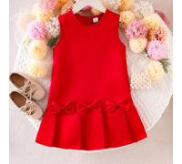 Abito elegante e minimalista da bambina, rosso, senza maniche, con plissettatura e fiocco, per l'estate e la Festa della Mamma 6Y,7Y,4Y,5YColore unicoTessuto