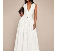 Abito elegante e minimalista da donna in stile lino, scollo a V, senza maniche, abito camicia con bottoni davanti, vita stretta e gonna fluida, bianco e marrone, estivo, elegante, per il brunch L,M,S,