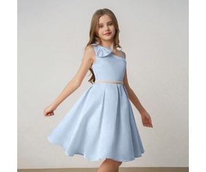 Abito elegante e minimalista da ragazza tween con una spalla, fiocco in vita, linea ad A e cintura, adatto per matrimoni e feste 8Y,9Y,10Y,11Y,12YColore unicoTessuto