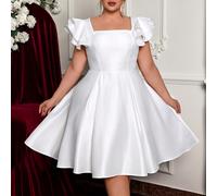 Abito elegante e romantico bianco con scollo quadrato, maniche a balze, taglio ampio a trapezio, per occasioni di matrimonio come cerimonia nuziale, addio al nubilato, piccolo abito bianco, da sposa 0