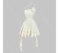 Abito elegante e romantico color albicocca con decorazioni floreali 3D, arricciature in vita, volant e design asimmetrico a balze, adatto per appuntamenti, feste, tea festa, brunch, compleanni L,M,S,X