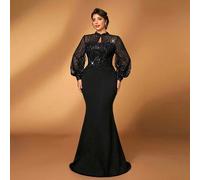 Abito elegante e romantico con colletto a goccia, maniche a palloncino, paillettes di lusso, patch in maglia in vita, orlo a sirena, adatto per matrimoni, feste, celebrazioni, abito da madre della spo