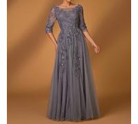 Abito elegante e romantico con scollo tondo e maniche a 3/4 in pizzo e rete con orlo a-line, vestito di lusso ricamato, adatto per cene formali, appuntamenti, balli, feste per single, festival musical