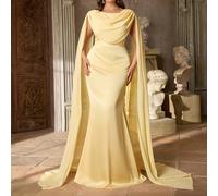 Abito elegante e romantico con scollo tondo, giallo, con patchwork, maniche a lanterna e orlo a sirena, adatto per feste di influencer, celebrazioni, eventi formali, gala 0XL,1XL,2XL,3XL,4XL,5XLColore