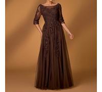 Abito elegante e romantico con scollo tondo, maniche a 3/4, pannelli in pizzo e rete, orlo a-line ricamato, adatto per eventi formali, feste, matrimoni, spose e madri della sposa, primavera/estate, Sa