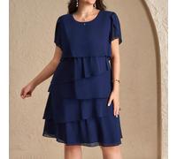Abito elegante e romantico con volant in chiffon a più strati, blu scuro, abiti da madre della sposa, estivo, alla moda per l'estate 0XL,1XL,2XL,3XL,4XL,5XLTessuto intrecciato