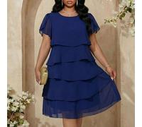 Abito elegante e romantico con volant in chiffon a più strati, blu scuro, abiti da madre della sposa, estivo, alla moda per l'estate 0XL,1XL,2XL,3XL,4XLColore unicoTessuto intrecciato