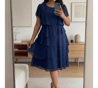 Abito elegante e romantico con volant in chiffon a più strati, blu scuro, abiti da madre della sposa, estivo, alla moda per l'estate 0XL,1XL,2XL,3XL,4XLColore unicoTessuto intrecciato