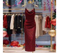 Abito elegante e romantico da donna, di lusso, per feste, con spalline a spaghetti, scollo drappeggiato, aderente, con spacco, rosso, adatto per primavera/estate L,M,S,XLGeometrico,GraficoTessuto in m