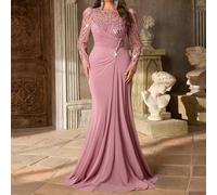 Abito elegante e romantico da donna taglia comoda, collo tondo, maniche lunghe trasparenti, patchwork di lusso con paillettes, vita arricciata in rete elastica, adatto per matrimoni di influencer, fes