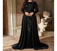 Abito elegante e romantico da donna taglia grande, adatto per autunno e inverno, con paillettes nere, ricamo, collo tondo, maniche lunghe, vita aderente, orlo asimmetrico e plissettato, adatto per cen
