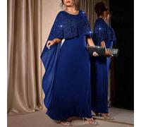 Abito elegante e romantico da donna taglie forti, in maglia nera tinta unita con inserti in chiffon metallizzato lucido, collo rotondo, aderente, adatto per feste, autunno/inverno 0XL,1XL,2XL,3XL,4XLC