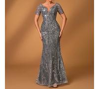 Abito elegante e romantico da primavera ed estate, con paillettes grigio scuro, ricamo posizionato, monospalla, maniche corte, silhouette aderente e orlo a sirena, adatto per cene, addii al nubilato, 