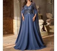 Abito elegante e romantico di taglia grande, in chiffon con paillettes, in un lussuoso blu velato, con vita in vita, maniche a lanterna e linea ad A, adatto per matrimoni di influencer, feste, occasio