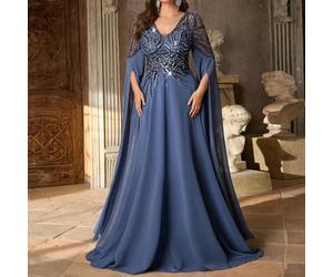 Abito elegante e romantico di taglia grande, in chiffon con paillettes, in un lussuoso blu velato, con vita in vita, maniche a lanterna e linea ad A, adatto per matrimoni di influencer, feste, occasio
