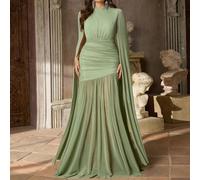 Abito elegante e romantico verde con collo alto, maniche a palloncino, busto arricciato, orlo a sirena trasparente, adatto per matrimoni di influencer, feste, occasioni formali, gala (design molto dec