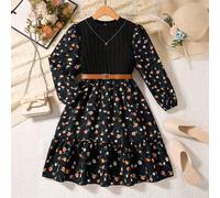 Abito elegante e semplice per ragazze in primavera/autunno, abito in maglia a righe verticali con stampa floreale su tutta la superficie, con volant su orlo e maniche, lunghezza media con cintura in v