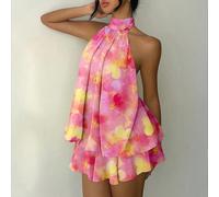Abito elegante e sexy da donna con stampa floreale tie-dye rosa, schiena scoperta e lacci, mini abito, abito da appuntamento, abito da sera, abito estivo da donna, outfit da viaggio di luna di miele,