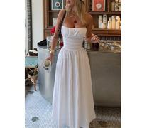 Abito elegante e sexy in lino bianco tinta unita con volant, design sartoriale che valorizza la figura, adatto per vacanze al mare, matrimoni, feste, festival musicali, Natale, San Valentino e altre o