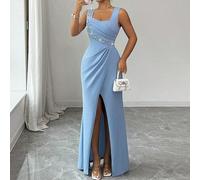 Abito elegante e sofisticato da donna con scollo quadrato senza maniche, decorato con perle, vita stretta, balze e spacco, orlo a coda di sirena, leggero, adatto per feste e cocktail L,M,S,XLColore un
