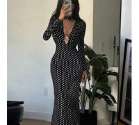 Abito elegante e versatile da donna per l'ufficio e il tempo libero, con sciarpa rimovibile al collo, maniche lunghe in tessuto a pois classico bianco e nero, scollo a V profondo sexy con decorazione 