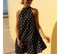 Abito elegante e versatile da donna, stile vacanziero, con stampa a pois neri, scollo a barchetta, stile baby doll casual e chic (vestibilità leggermente oversize, si consiglia di scegliere una taglia