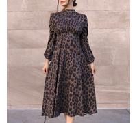 Abito elegante francese con design arricciato sulla parte anteriore, stampa leopardata, maniche lunghe, con cintura, outfit da vacanza, stampa cheetah, abbigliamento autunnale per donna L,M,S,XL,XSsta