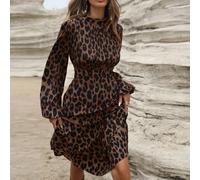Abito elegante francese con design arricciato sulla parte anteriore, stampa leopardata, maniche lunghe, con cintura, outfit da vacanza, stampa cheetah, abbigliamento autunnale per donna L,M,S,XL,XSLeo