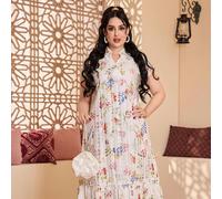 Abito elegante in stile arabo con ricami e stampe colorate, con nappe, scollo a V, patchwork plissettato, abaya bianca fresca, ultimo design per la Festa Nazionale Saudita 2025 L,M,XL,XXLFloreale,Geom