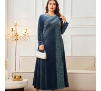 Abito elegante in velluto jacquard con patchwork, stile minimalista, adatto per l'autunno/inverno, per donne taglie forti, stile turco/arabo 0XL,1XL,2XL,3XL,4XLPianteTessuto in maglia